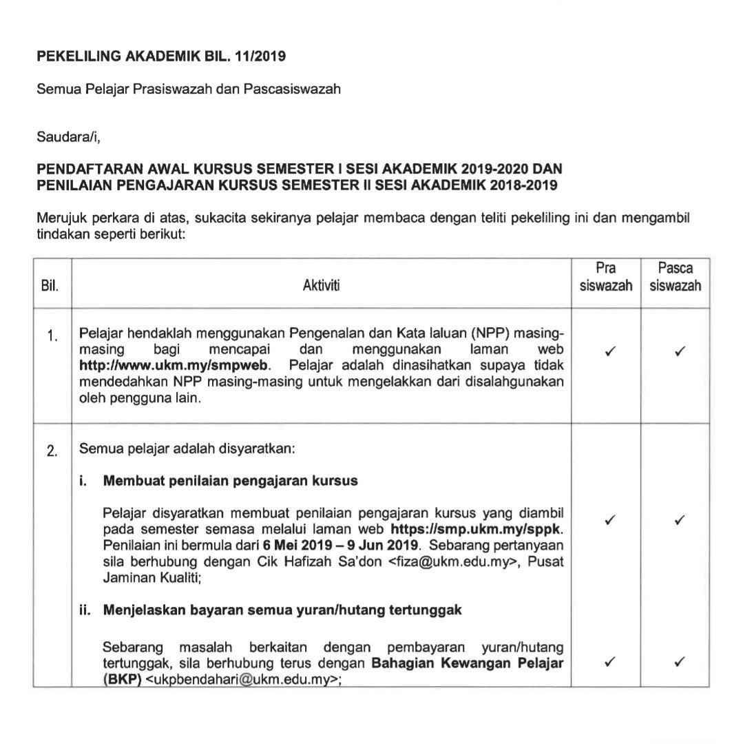 Kolej Ibrahim Yaakub Ukm On Twitter Pekeliling Pendaftaran Awal Semester 1 Sesi 20192020 Dan Penilaian Pengajaran Kursus Semester 2 Sesi 20182019 Perhatian Kepada Semua Pelajar Berikut Adalah Tarikh2 Penting Bagi Kategori Akademik