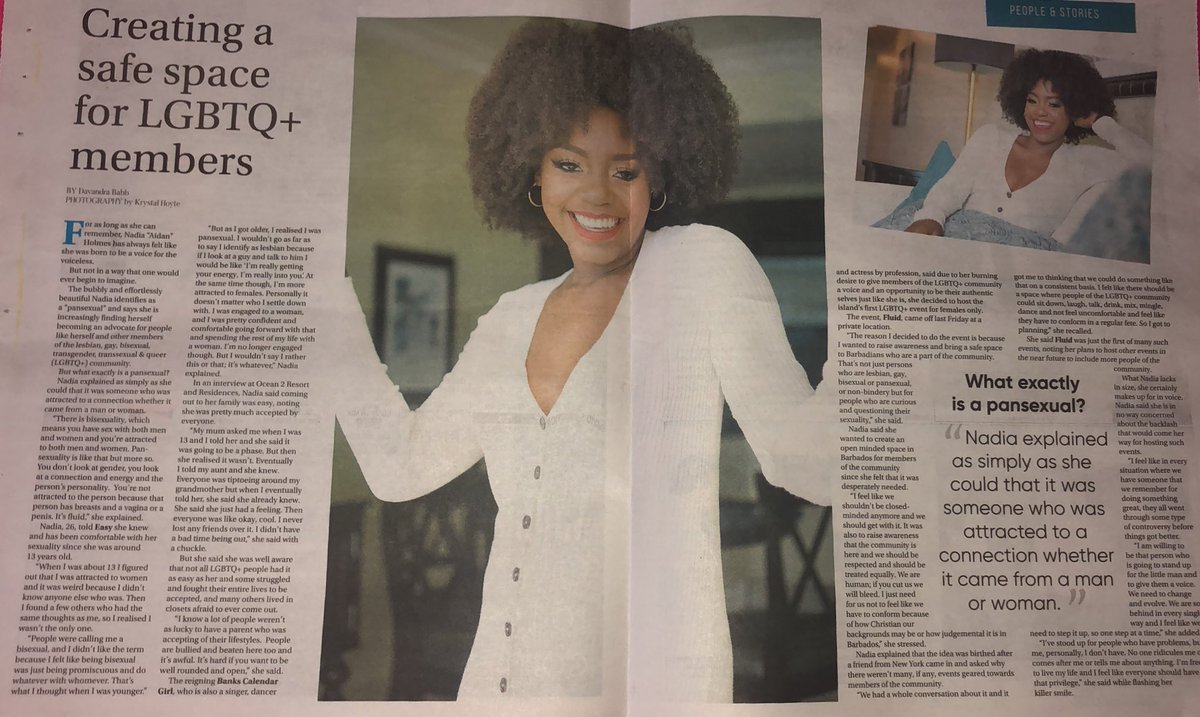 Aidanmusiq's tweet photo. Nadia ‘Aidan’ Holmes: Creating a safe space for LGBTQ+ members. #NationNews #SundaySun #EasyMagazine #Barbados #NadiaHolmes #Aidan #Activist  #Awareness #Respect #FLUID https://t.co/MlKGnweGIh