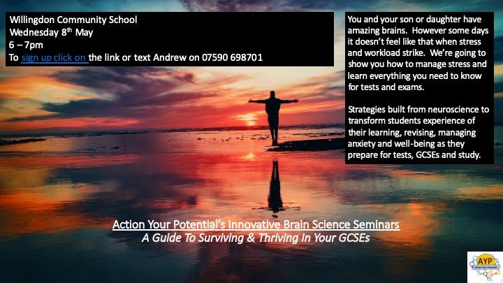 ActionPotential's tweet photo. We're at the brilliant @WillingdonCS tomorrow (Wed 8 May) with our Surviving &amp; Thriving In Your GCSE seminar.

If you're a Willingdon parent just sign up below.

#learnyourbrain
#loveyourlife https://t.co/gmafpkIspe