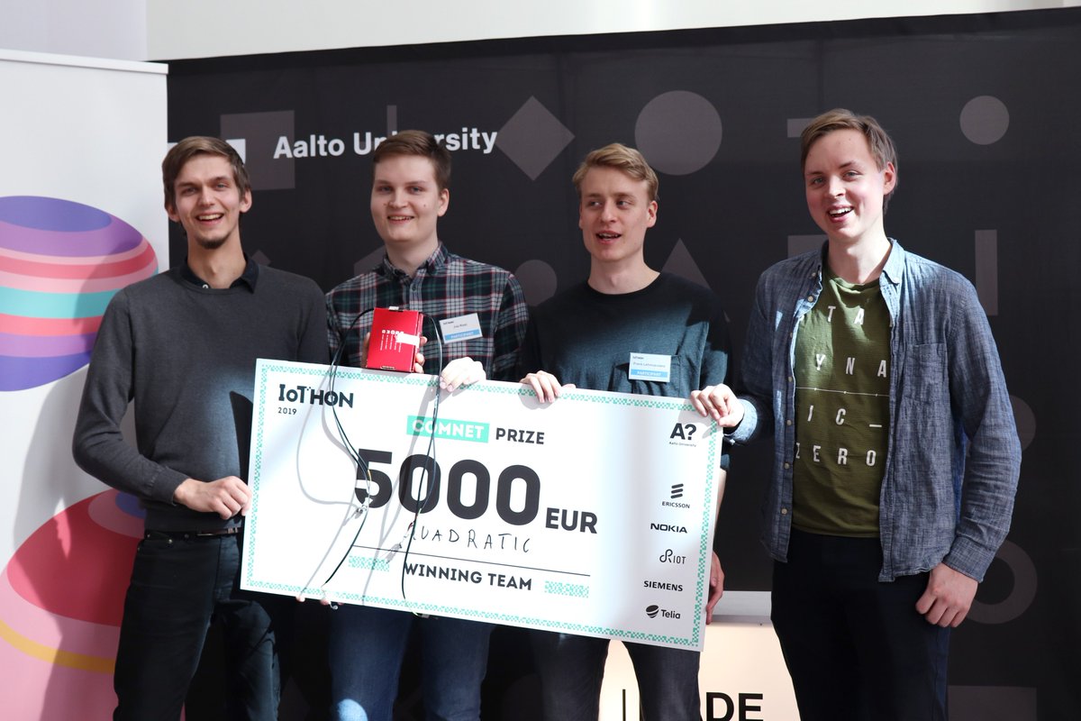 In the <a href="/io_thon/">IoThon</a> #hackathon the hackers had 48 h to develop #5G enabled  solutions for challenges set by <a href="/ericsson_fi/">Ericsson Finland</a>, <a href="/nokiaIoT/">Nokia IoT</a>, @SiemensSuomi, <a href="/teliafinland/">Telia Finland</a> &amp; <a href="/RIOT_OS/">RIOT</a> community. The main prize was won by team Quadratic w/ their #AR sports coach! aalto.fi/en/news/5g-ena…