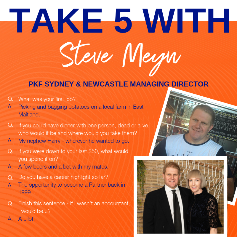 PKFSydNewc's tweet photo. PKF’s Managing Director, @SteveMeyn would be a #pilot if he wasn’t an #accountant. Who knew? 
We took five minutes to ask Steve a few questions to get some insight into who he really is. #Take5 https://t.co/6xBj65vnnB