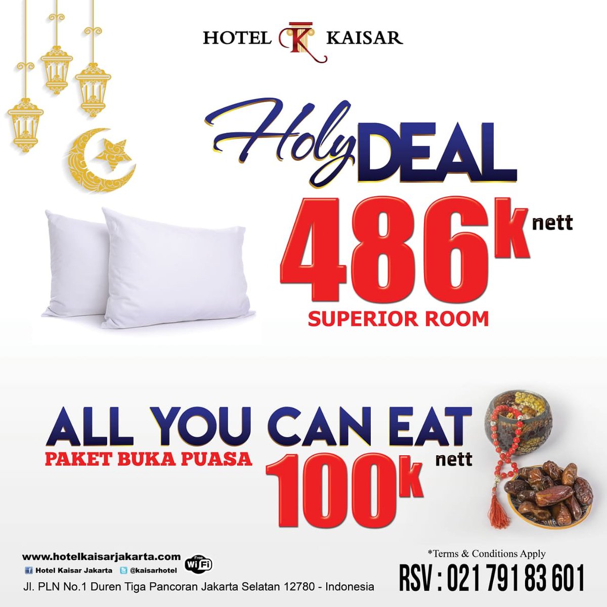 Room Promo Holy Deal and promo bukber All You Can Eat in Hotel Kaisar Jakarta.
Thank you
Direct Booking WhatsApp 0812-9933-9493
Phone : 021-79183601
#bukber
#bukberhotel 
#bukberkeluarga
#bukberjaksel
#bukbermurah
#bukberallyoucaneat 
#bukberseru
#bukbernyaman