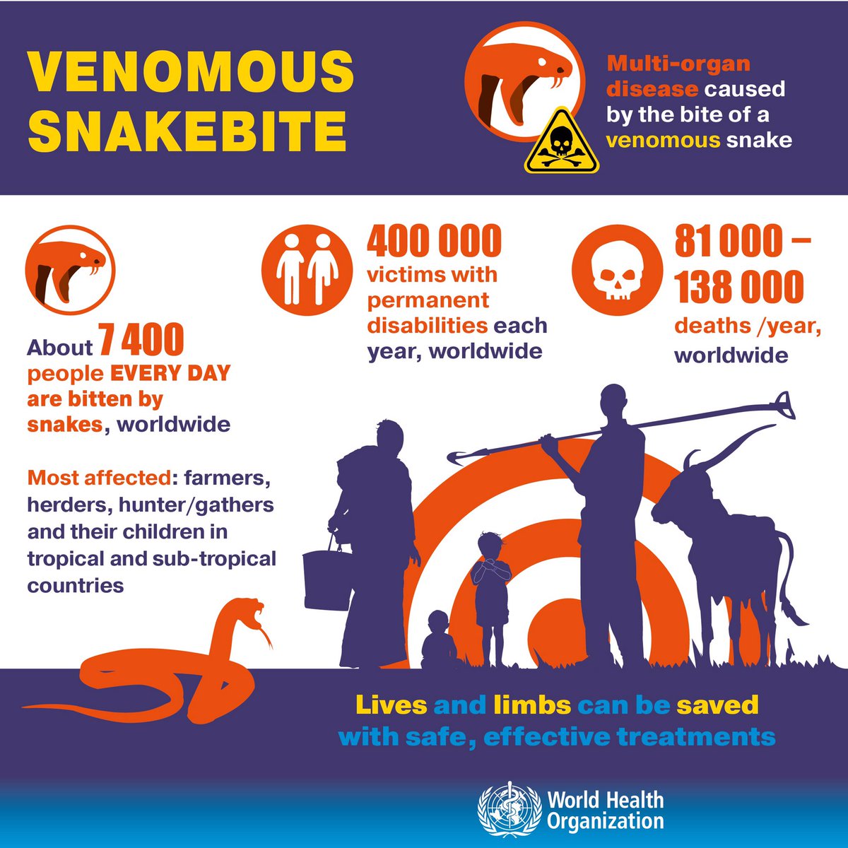 WHO's tweet image. Rural cropping and livestock workers, hunter/gathers and their children are among the most affected by venomous #snakebite 🐍
Lack of footwear contributes significantly to the risk of snakebite for both adults and children bit.ly/2vDy2jS