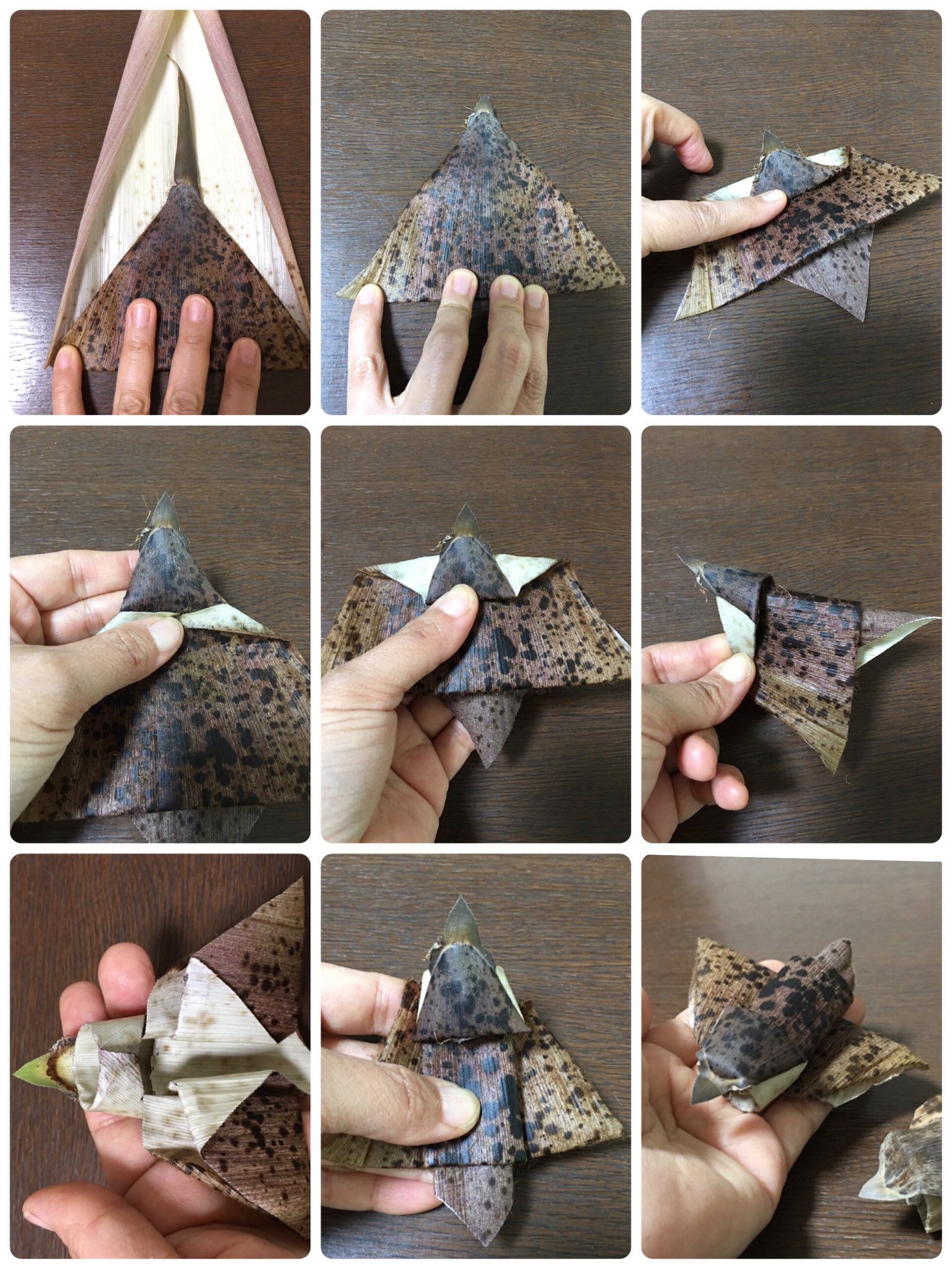 Inori V Twitter タケノコの皮でスズメを作りました 皮を四角く切って折り紙の小鳥の折り方で折り 少しアレンジしました T Co Ru38tpra3i Twitter
