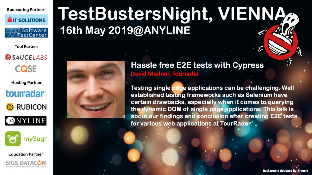 RudolfGroetz's tweet photo. Who you gonna call? #testBusters - join David Madner @TourRadar talks about #TestAutomation with @Cypress_io #atamVIE hosted by @ANYLINE_COM sponsored by @IVM_at SIT-Solutions @cqse @saucelabs @SIGSDATACOM - Register here: https://t.co/U4Ht7NilK3 https://t.co/4uY9YPpXXX
