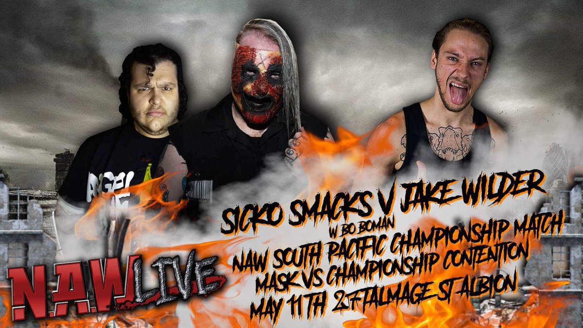 NAW_Australia's tweet photo. In our main event, former South Pacific Champion, Jake Wilder has one chance to regain the title, as if he loses, he can no longer challenge for the championship as long as Smacks is champion, If Wilder wins, he takes the gold and Sicko's mask! https://t.co/qo4hmYVjH7