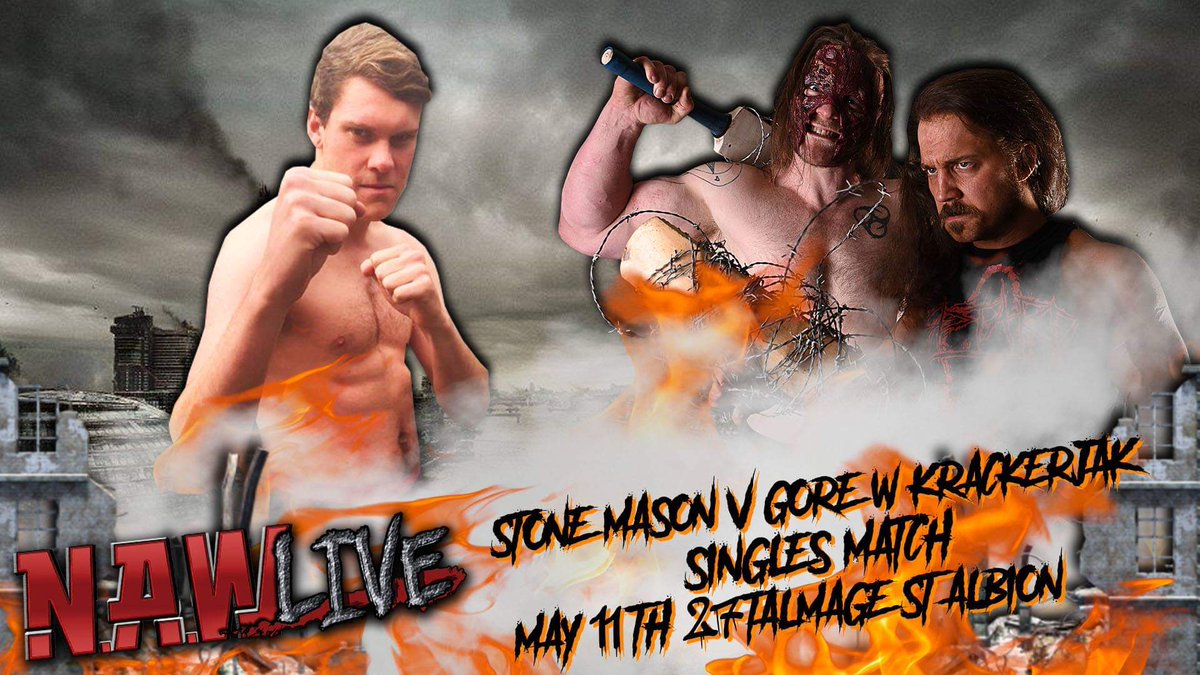 NAW_Australia's tweet photo. With his cunning brother Krackerjak by his side, Gore looks to send a message to NAW Pure Champion, Jason "Krusher" Cole, when the "snuff king" takes on up and coming rookie Stone Mason https://t.co/gMdublSVc0