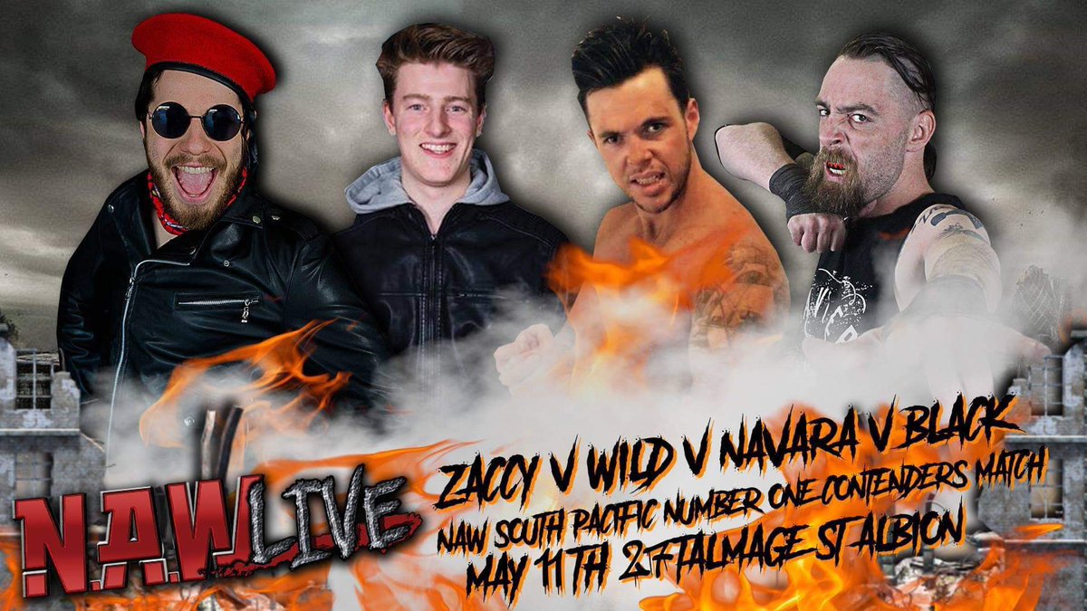 NAW_Australia's tweet photo. With a shot at whomever walks out of our main event as South Pacific Champion on the line, Zaccy Boi, Xavier Black, Matty Wild and Jake Navara do battle in a fatal 4 way. Who will challenge the champion? Find out on Saturday! https://t.co/VeHg65OfeY