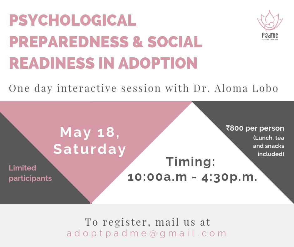 AdoptPadme's tweet photo. We are organizing a ONE DAY INTERACTIVE SESSION in Bangalore, India on May 18, Saturday with Dr.Aloma Lobo

Registration open
Limited participants (15-20)

#AdoptingANewWay
#PsychologicalPreparedness
#SocialReadiness https://t.co/WmaYx5PiEJ
