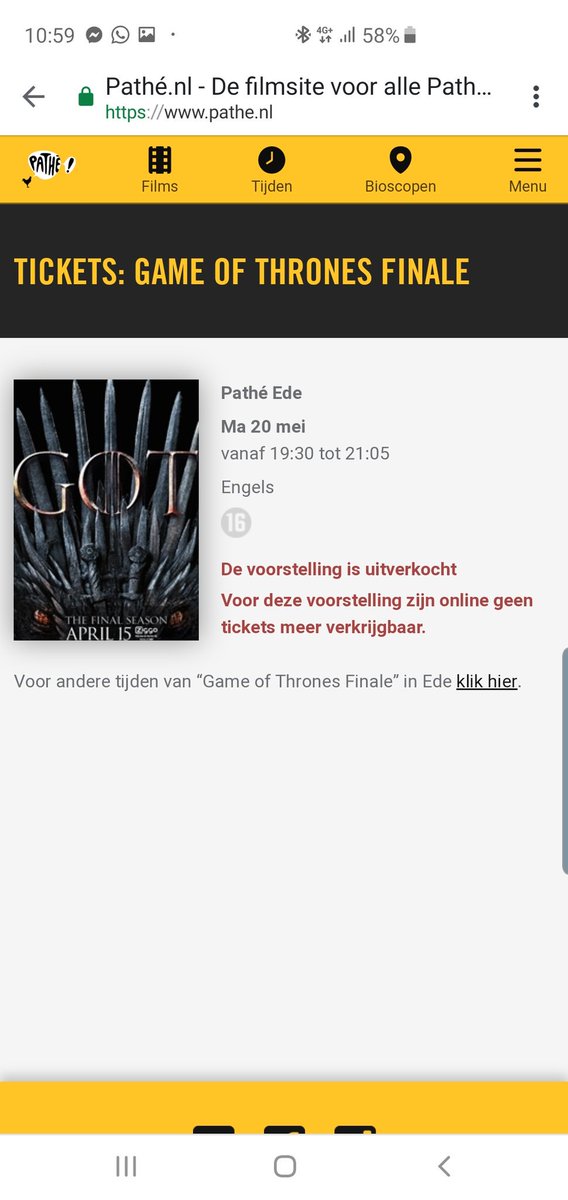 LvanMaurik's tweet photo. Bedankt #ziggo #pathe voor de "voorrang". Al een uur bezig om op de site te komen er 100x af gegooid worden. Zelfs als ze in je winkelmand liggen... #gotfail #ziggofail #pathefail https://t.co/4JTmm4EklC