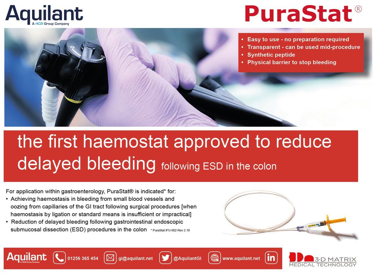 AquilantGI's tweet photo. Did you know PuraStat is the first haemostat approved to reduce delayed bleeding following ESD in the colon? Please contact us to find out more! #notanotherhaemostat #ESD #endoscopy #aquilant #purastat #gibleeds #haemostasis #peptidesatwork #delayedbleeding #haemostat https://t.co/7T9K416fP7