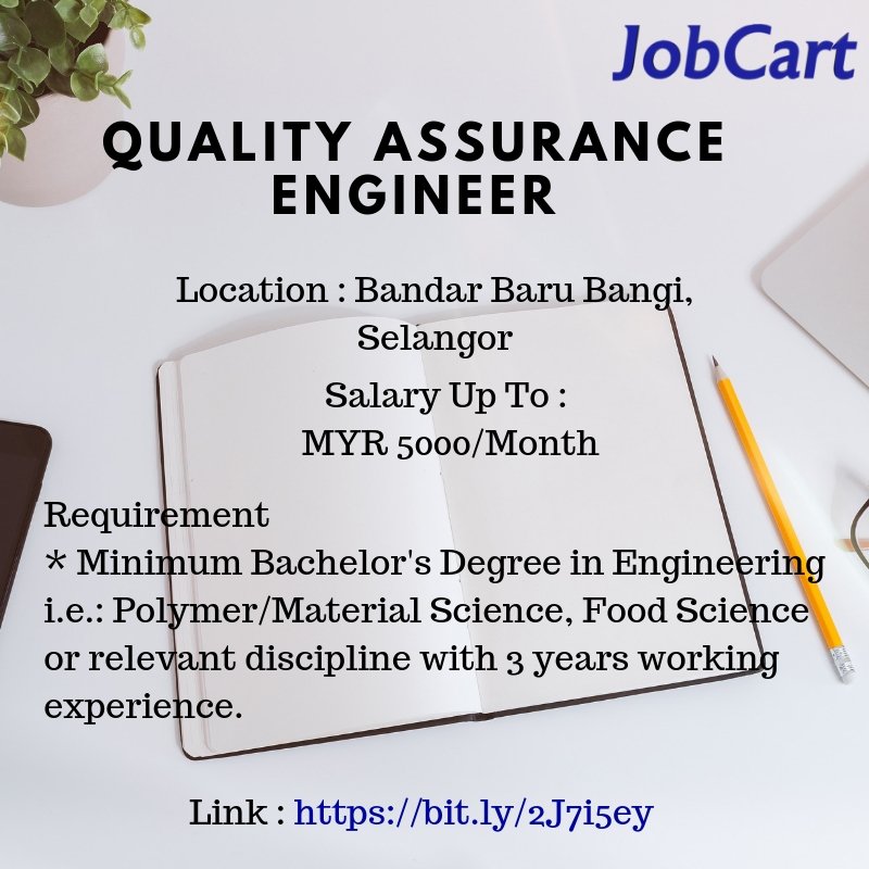 JobCart (@job_cart) on Twitter photo Position: Quality Assurance Engineer
Salary up to: MYR 5000/Month
Location: Bandar Baru Bangi, Selangor
Click here to apply and to know more:
jobcart.com/view/job/30808…
#jobcart #QA #qualityassurance #engineer
<a href="/twt_penganggur/">twt_penganggur</a> <a href="/twt_kerja/">Twt_Kerja</a> <a href="/Oh_KerjaKosong/">Oh Kerja Kosong</a> Position: Quality Assurance Engineer
Salary up to: MYR 5000/Month
Location: Bandar Baru Bangi, Selangor
Click here to apply and to know more:
jobcart.com/view/job/30808…
#jobcart #QA #qualityassurance #engineer
<a href="/twt_penganggur/">twt_penganggur</a> <a href="/twt_kerja/">Twt_Kerja</a> <a href="/Oh_KerjaKosong/">Oh Kerja Kosong</a>