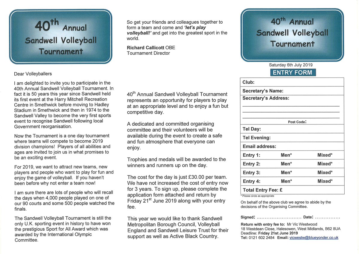 Register now for this year's Sandwell Volleyball Tournament 2019 - it's our 40th anniversary event! Just complete the form and send to vicwestw@blueyonder.co.uk <a href="/VolleyballWM/">West Mids Volleyball</a> <a href="/BlackCountryVC/">Black Country VC</a> <a href="/BirminghamVC/">BVC</a> @VballEngland Full details: facebook.com/events/2216167…