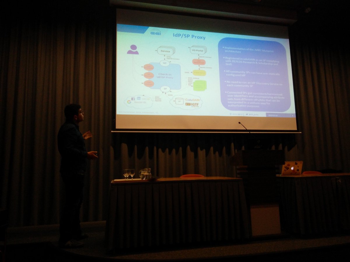 EGI_eInfra's tweet photo. Nicolas Liampotis from @grnet_gr  explains the link between the EGI Check-in service and the @AARC_Project blueprint architecture #EGIConf19 https://t.co/rAYpvP4LyL