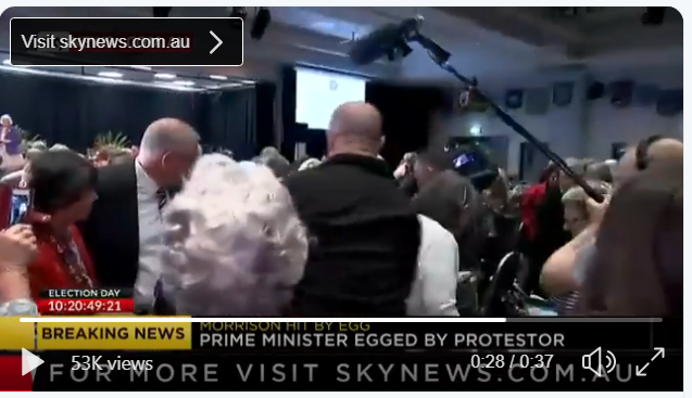 lynnemurphy1's tweet photo. @ScottMorrisonMP A security member of Scott Morrison's team knocked over an elderly woman in his rush to tackle a girl who rolled an egg off the Australian Prime Minister's head. 
#egggirl https://t.co/Eekks5lqmX https://t.co/XNZrtTN26v
