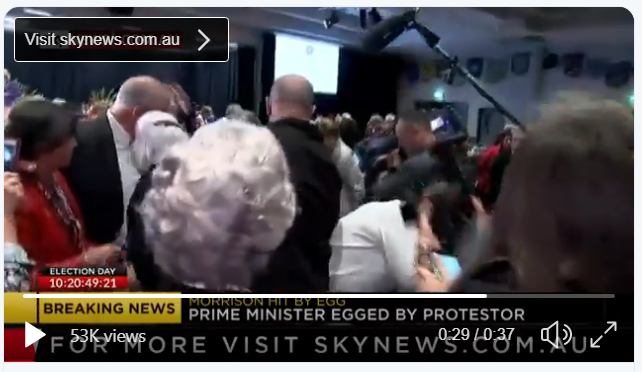 lynnemurphy1's tweet photo. @ScottMorrisonMP A security member of Scott Morrison's team knocked over an elderly woman in his rush to tackle a girl who rolled an egg off the Australian Prime Minister's head. 
#egggirl https://t.co/Eekks5lqmX https://t.co/XNZrtTN26v