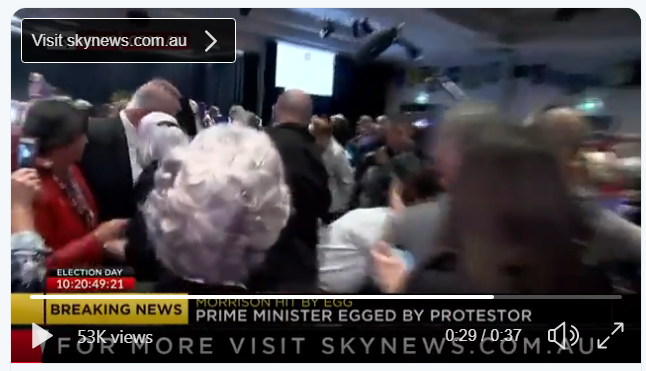 lynnemurphy1's tweet photo. @ScottMorrisonMP A security member of Scott Morrison's team knocked over an elderly woman in his rush to tackle a girl who rolled an egg off the Australian Prime Minister's head. 
#egggirl https://t.co/Eekks5lqmX https://t.co/XNZrtTN26v