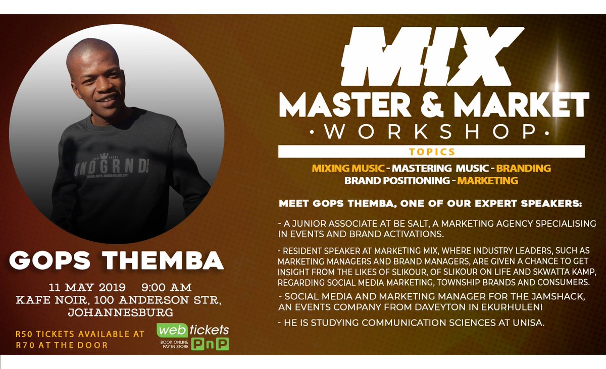 DanceKraal's tweet photo. Buy a ticket to learn the fundamentals of #Branding, #BrandPositioning &amp; #Marketing from Gops Themba, a resident speaker for Marketing Mix

R50 tickets @ Pick N Pay &amp; Webtickets. R70 @ door - 
https://t.co/yyghxvfoRh

11 May 2019 / 9 am / Kafe Noir, 100 Anderson Street, JHB https://t.co/bJiWkNJaLL