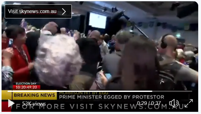 lynnemurphy1's tweet photo. @ScottMorrisonMP A security member of Scott Morrison's team knocked over an elderly woman in his rush to tackle a girl who rolled an egg off the Australian Prime Minister's head. 
#egggirl https://t.co/Eekks5lqmX https://t.co/XNZrtTN26v