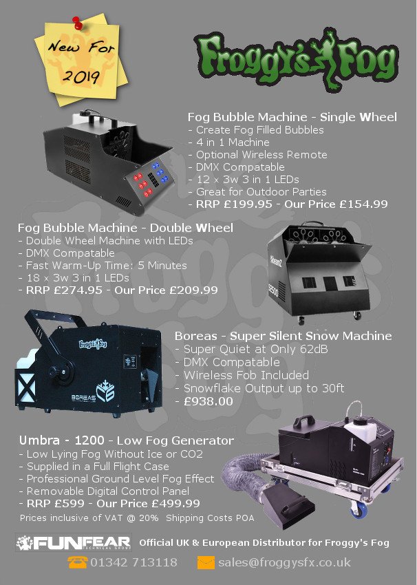 FroggysUK's tweet photo. Check out our new machines for 2019. We will be showcasing the new Froggy's Fog Super Silent Snow Machine at @ScareConEurope later this month. 
#funfear #froggysfog #scarecon #altontowers #snowmachine #smokeandbubbles #smokemachine #lowfogger https://t.co/gQkqxqpYPV