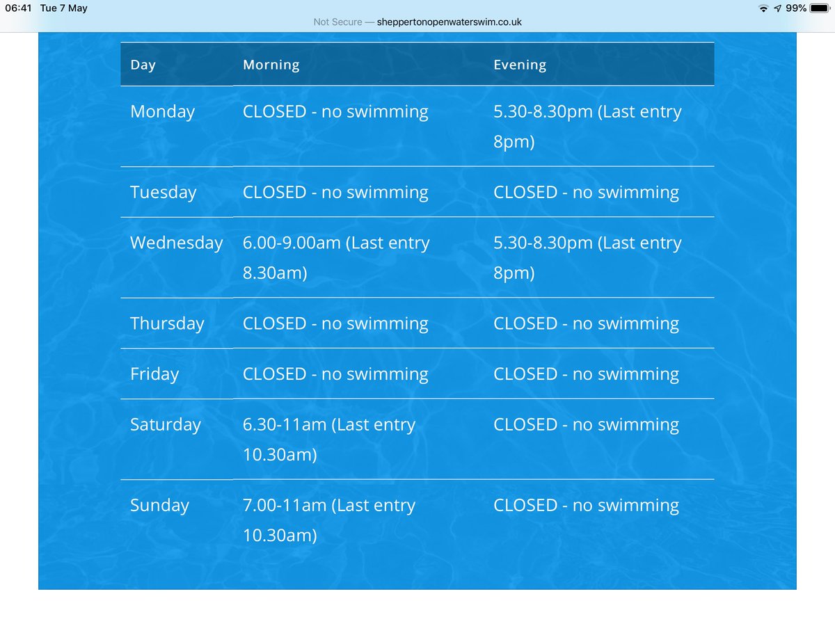 Opening from Sunday 12thMay these will
Be our times.
Admission desk is closed 30mins. Prior to
Lake closure