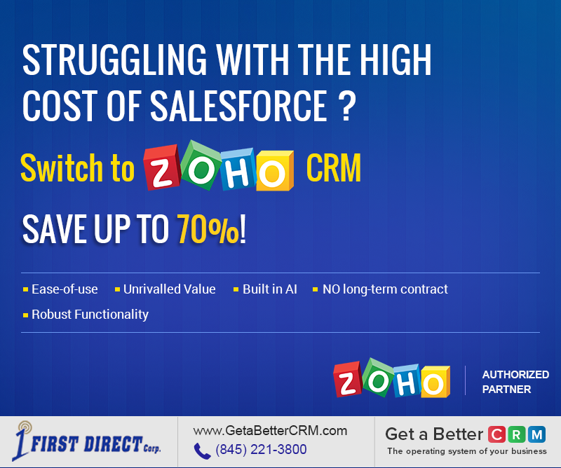 getabettercrm's tweet photo. It's time to switch from your expensive #Salesforce CRM to Zoho CRM. Zoho has unmatched features for an unbeatable price & a user-base in millions. Plan your escape to #ZohoCRM with #FirstDirectCorp & start saving! For assistance, click https://t.co/3LUHzlDQCY
#PlanYourEscape https://t.co/SdRJVkz7Jw