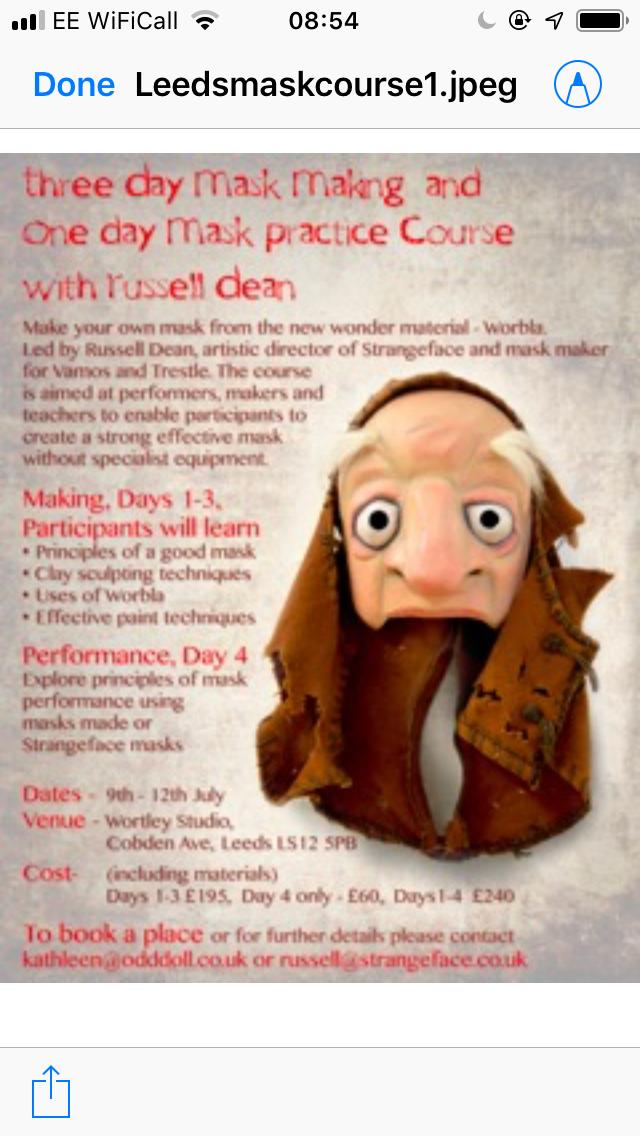 Exciting 3 days mask making &amp; 1 day working in mask workshop Leeds with Russell Dean. Do one or both! Email me to reserve your place x