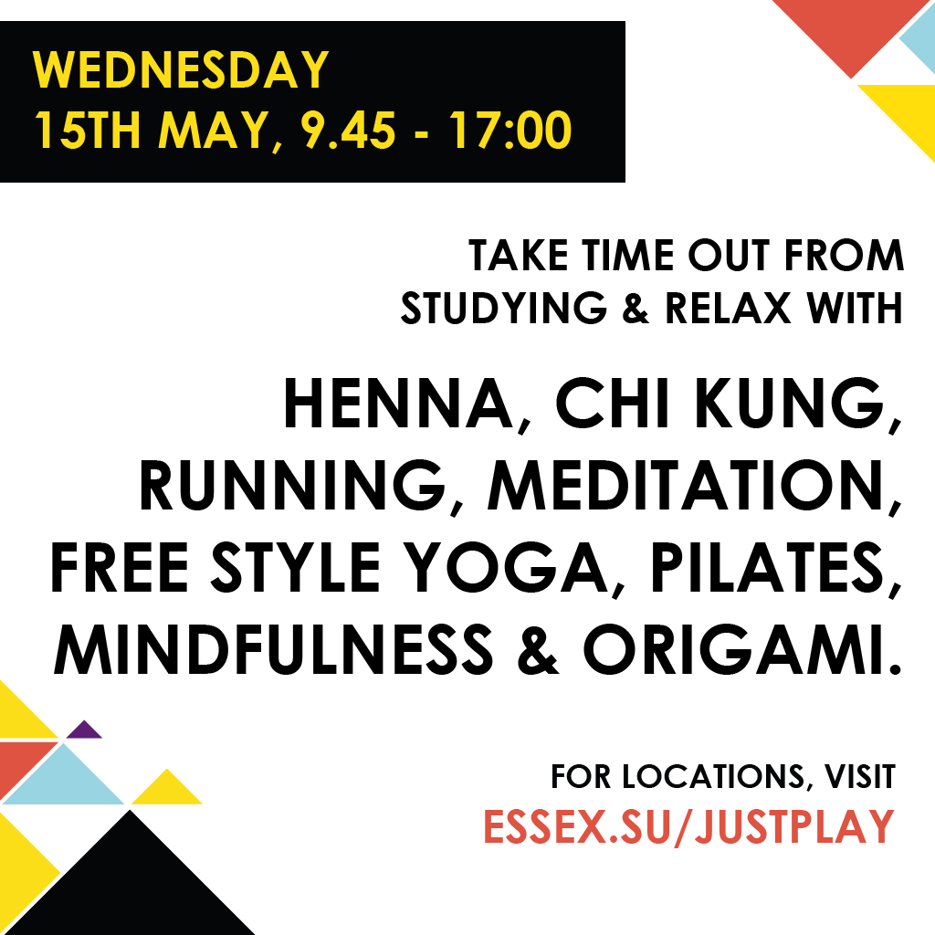 JustPlayEssex's tweet photo. On 15th May we'll be working with @Essex_Sport, @UoEOrigami , @WritingAtEssex &amp;  @C_Barratt_ to put on a FREE relaxation 🧘‍♀️day of events. Break free from studying &amp; treat yourself - you've earned it! 

Check out ad below 👇

Click on https://t.co/LpeGVBkt9q for further info https://t.co/qL7m0Dk7g2