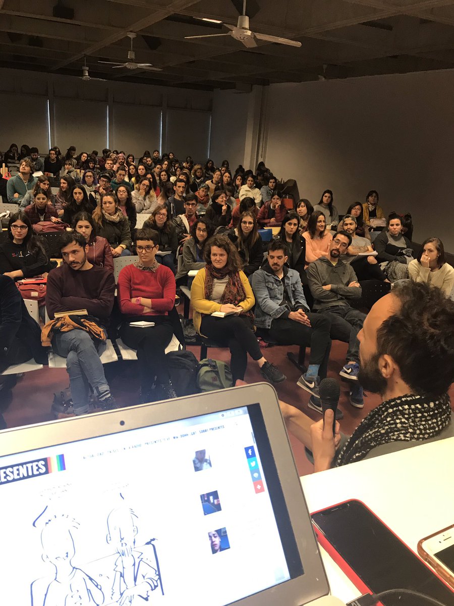 PresentesLatam's tweet photo. Estamos en la carrera de ilustración de @ceadig charlando sobre @PresentesLGBT y las formas de ilustrar las noticias de la diversidad sexual, contando de #BichoYYo con @LucasFauno y compartiendo con nuestras aliadas de @WikiDDHH nuestro proyecto #WikiLGBT https://t.co/qouBC0Aq9f
