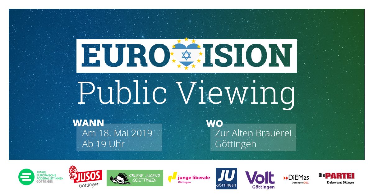 Am 18. Mai ist es endlich soweit: dann feiern die JEF Göttingen gemeinsam mit zahlreichen proeuropäischen Organisationen <a href="/Eurovision/">Eurovision Song Contest</a>! 🎉 Kommt gerne vorbei und tippt interaktiv mit. 🤔 In überparteilicher Atmosphäre rufen wir zur #Europawahl19 auf! 🗳 #EuropaMachen <a href="/gjgoettingen/">GRÜNE JUGEND Göttingen</a>