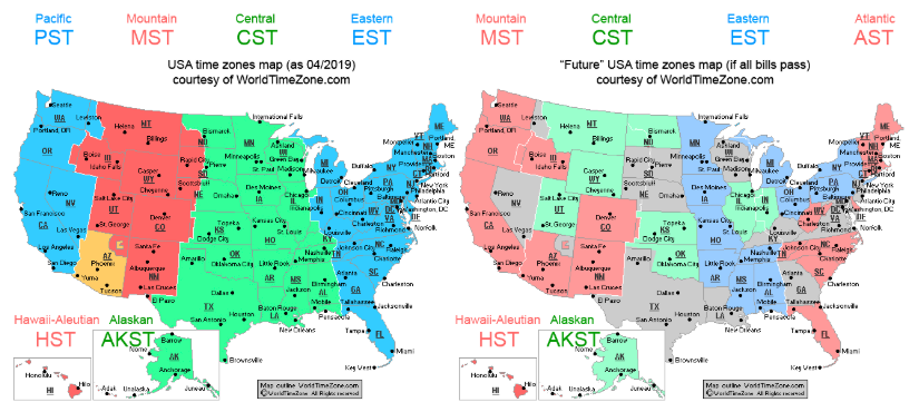 Map of proposed timezone changes. The entire USA is trying to wake up earlier (and sleep less!) worldtimezone.com/dst_news/dst_n…