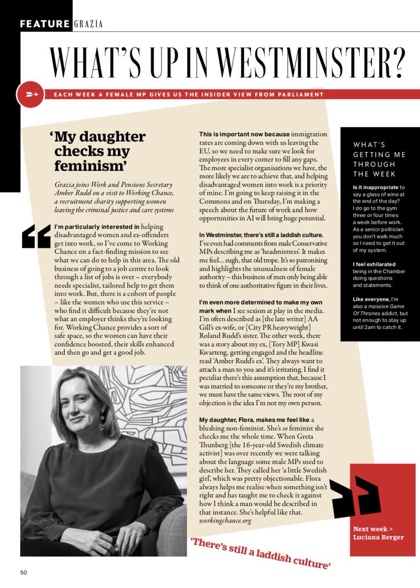 AmberRuddUK's tweet photo. .@GraziaUK joined me on a visit to @WorkingChance, a brilliant charity helping women into work.

We spoke about sexism in Westminster, employment.... and Game of Thrones.

🗞 Read more 👇 https://t.co/R7a4mR2a81