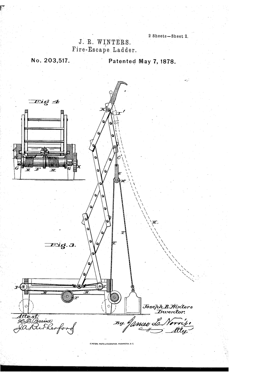AdamMossoff's tweet photo. On this date in #innovation history: Joseph Winters receives a #patent in 1878 for his #invention of a fire escape ladder for use in the increasingly high buildings being built in US cities in the late 19th century #PatentsMatter #PatentsSaveLives @uspto https://t.co/hTl6jhs66d