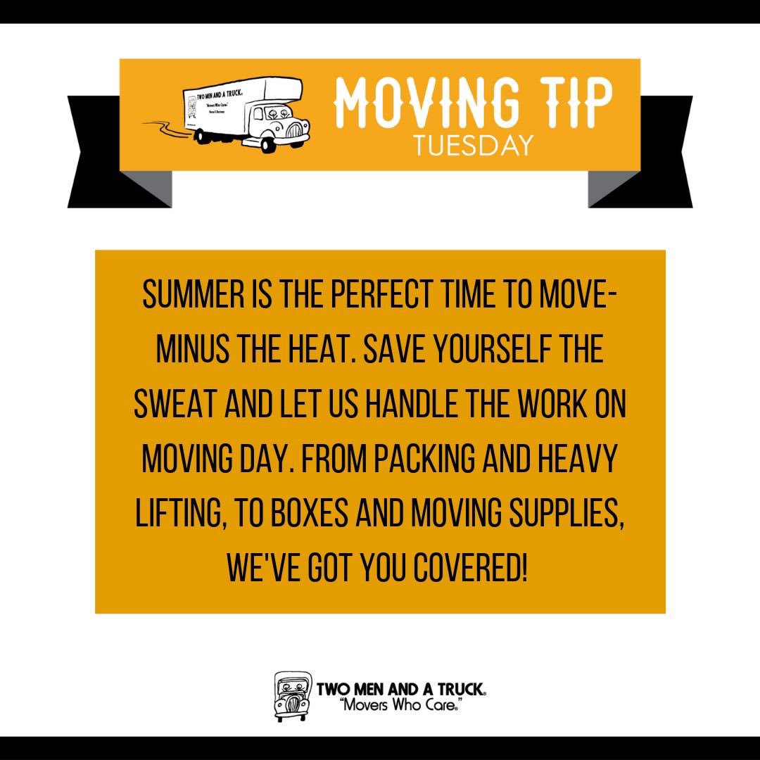 twomenhsv's tweet image. #MoveTipTuesday😁 Summer is the perfect time to move- minus the heat. Save yourself the sweat and let us handle the work on moving day. From packing and heavy lifting, to boxes and moving supplies, we've got you covered! #TMTHSV #MoveTips #MovingCompany #MoversWhoCare