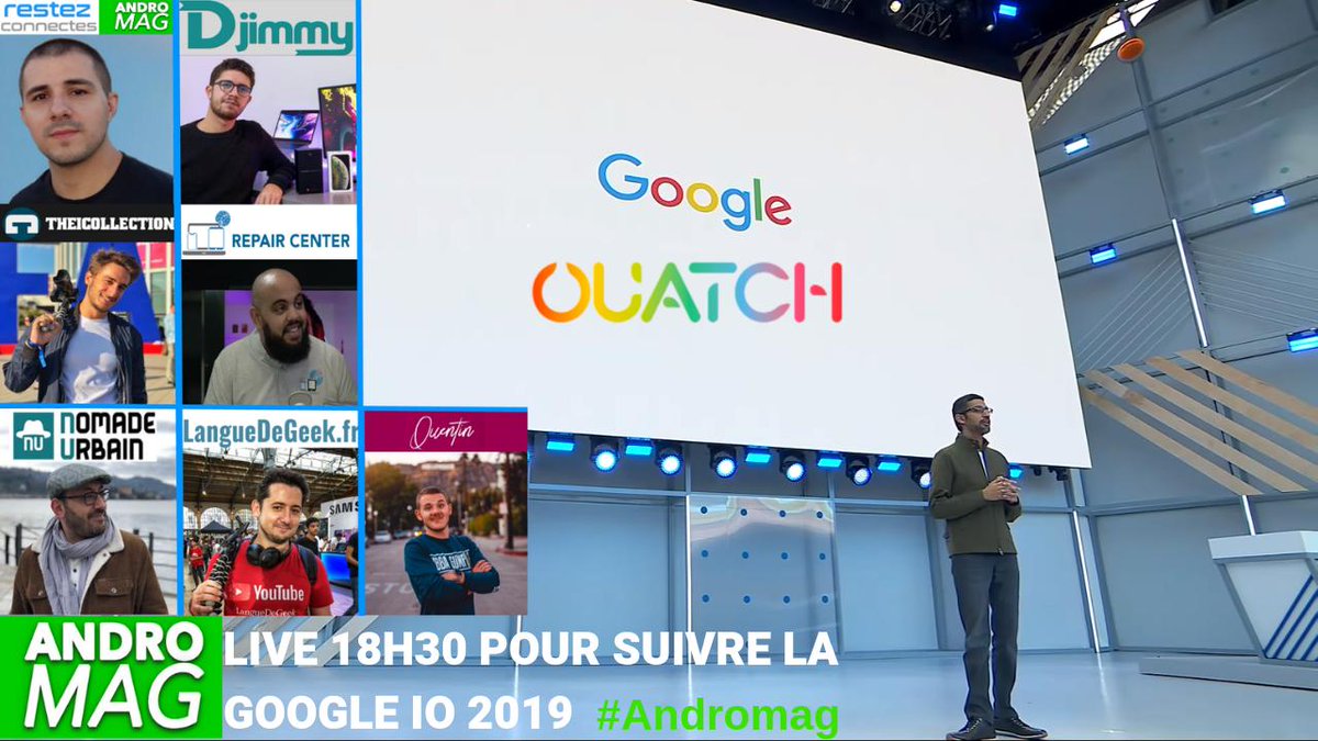 AndroMagOUATCH's tweet photo. On vous rappelle qu'on se retrouve 18H30 pour le live #GoogleIO2019
sur @OUATCHtv pour un #Andromag exceptionnel avec @Mathdossantos @djimmy_fr @TheiCollection @RepairCenter92 @NomadeUrbain
@LangueDeGeek @QuentinCougniot #GoogleIO #IO19 #Android #Andromag #TV #RT https://t.co/0SXxMI4HU7