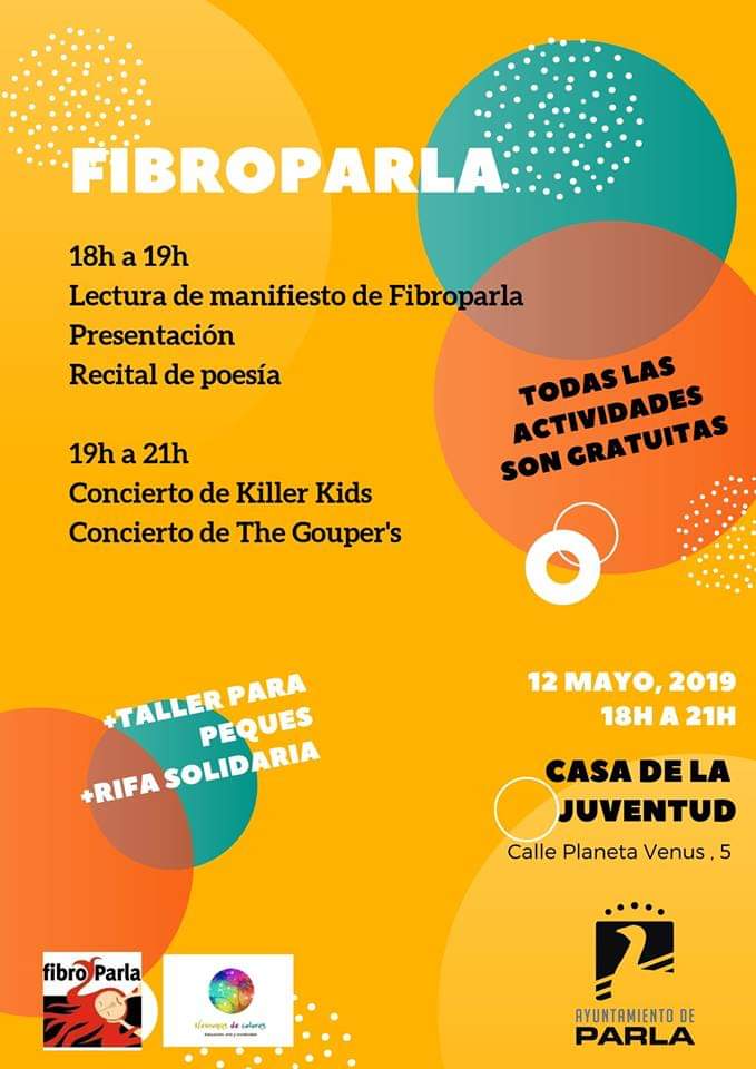 ℹ️ Este domingo #12mayo ven a apoyarnos por el #DiaMundialFibromialgia a <a href="/Juventud_Parla/">Casa Juventud Parla</a> y disfruta de poesía con <a href="/EdsonFerrage/">Edson Ferrage</a> y rock solidario con #ThekillerKids y #TheGouper's. Tu apoyo, nuestra fuerza 💪 #Fibromialgia #Parla