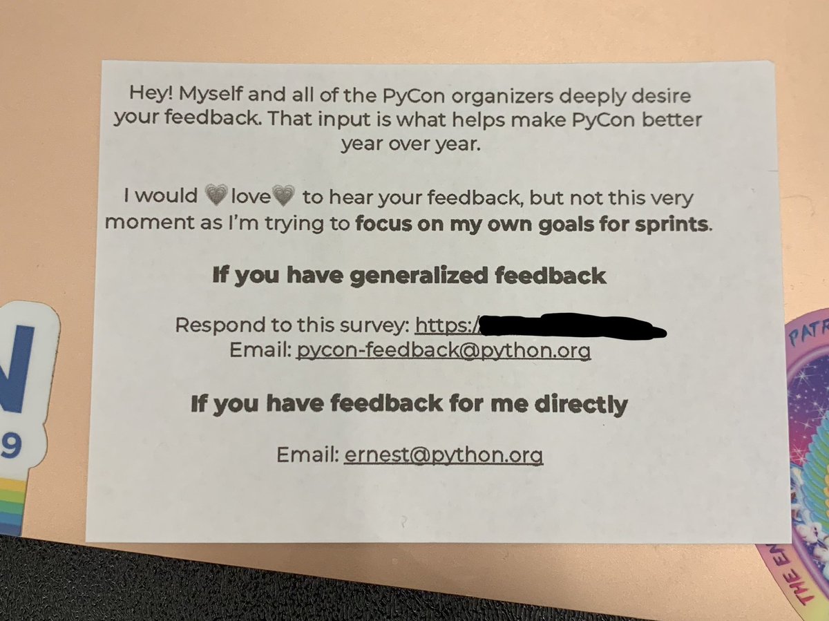I’m at #PyCon2019 sprints! I’ll be focusing on Core Dev workflow support, PyPI codebase and infra, and general Python Infrastructure “stuff”.

I am not working on or discussing PyCon work :) please read the following disclaimer.
