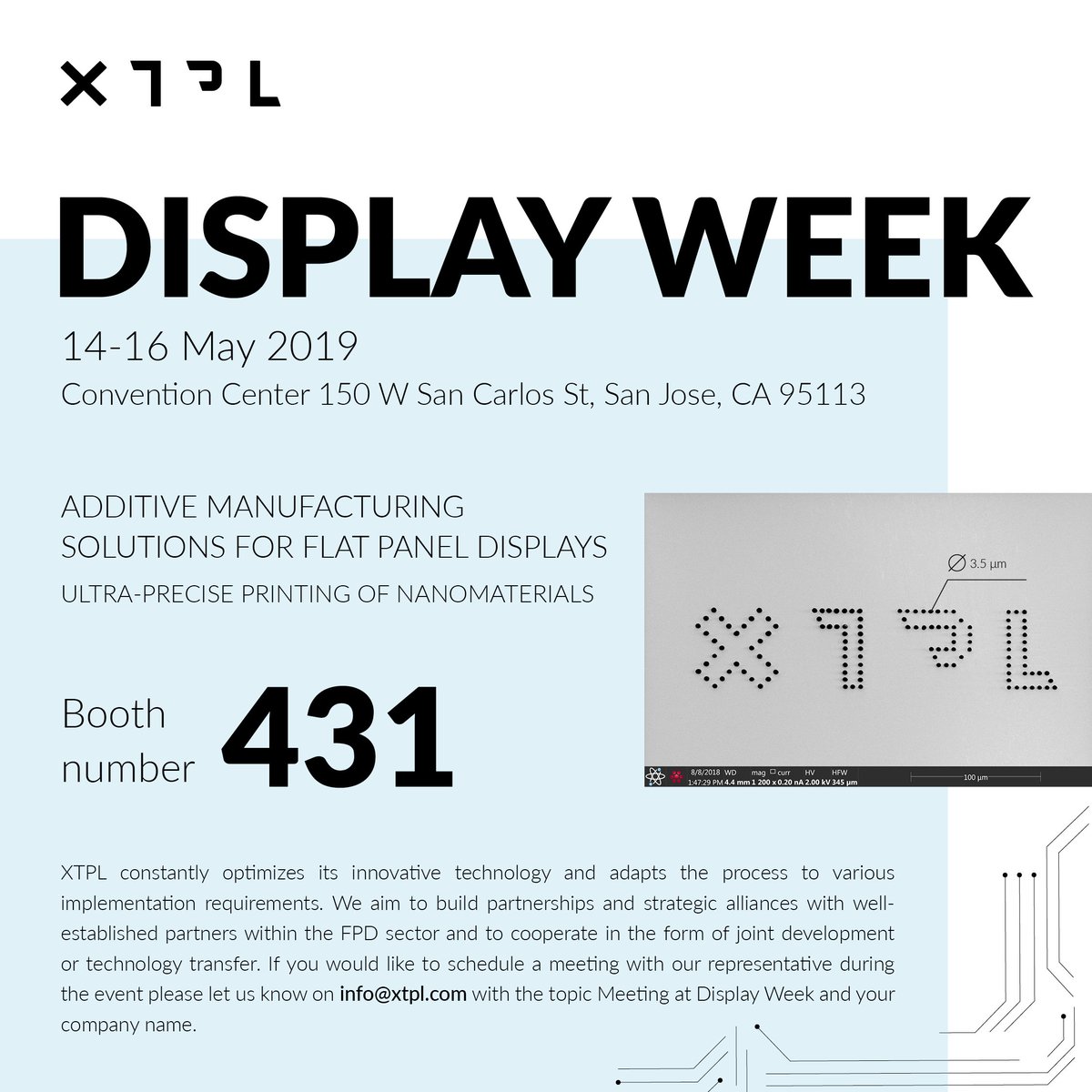 XTPL_nanoprint's tweet photo. XTPL @DisplayWeek #displays #displaymarket #oled #qled #flexibledisplay #flatpaneldisplay #additivemanufacturing #nanoprinting #nanomate #displayweek19 https://t.co/zSbIE8QslN
