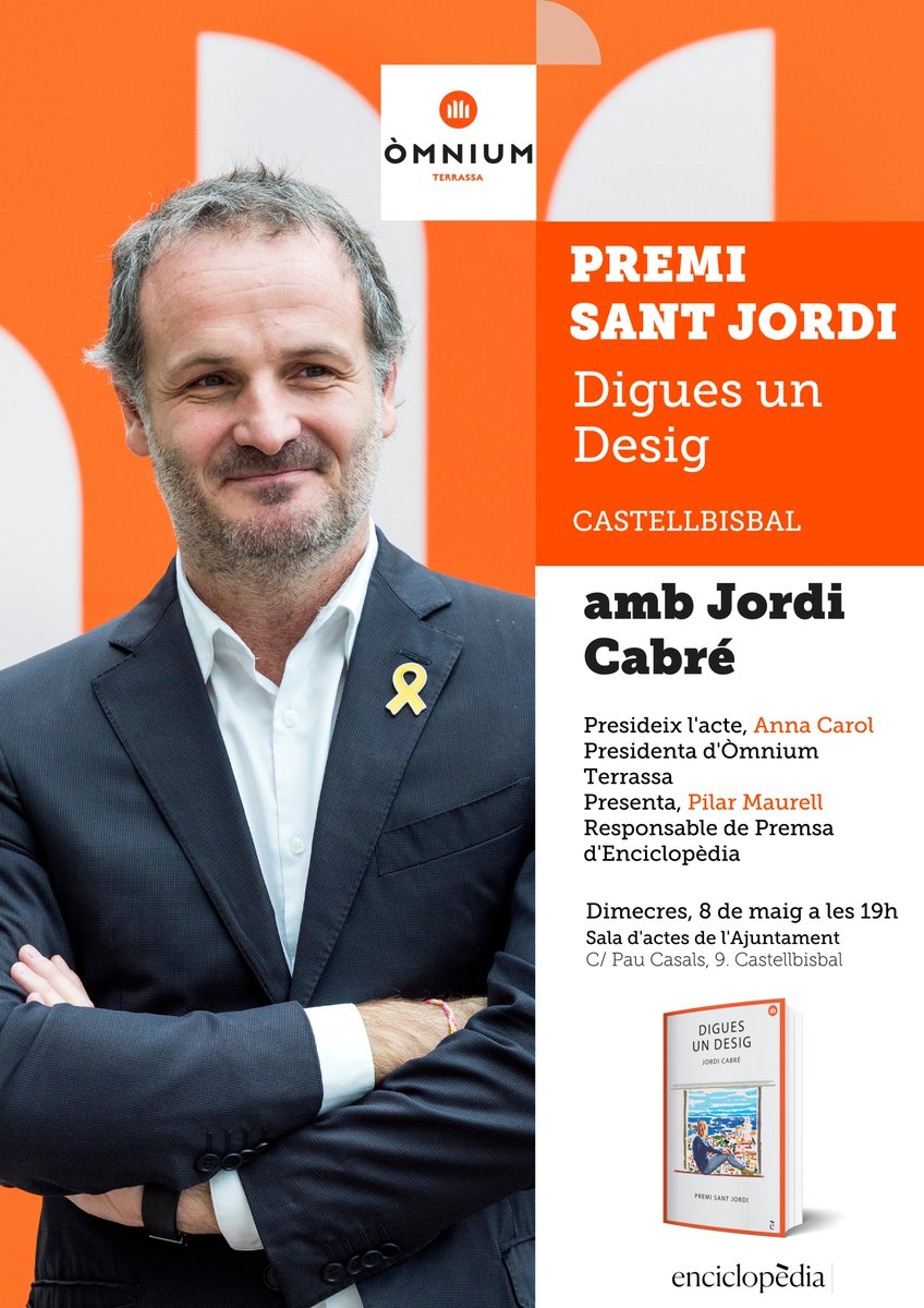 Demà es presenta a #Castellbisbal el Premi Sant Jordi <a href="/Omnium/">Òmnium Cultural</a> d'enguany, amb l'obra "Digues un desig" a càrrec del seu autor <a href="/jordicabre/">Jordi Cabré</a>

🗓 Dimecres 8 de maig de 2019
📍 Sala d'Actes de l'Ajuntament Castellbisbal
🕖 19.00 h.

#castellbisbalcultura #premisantjordi #omniumcultural