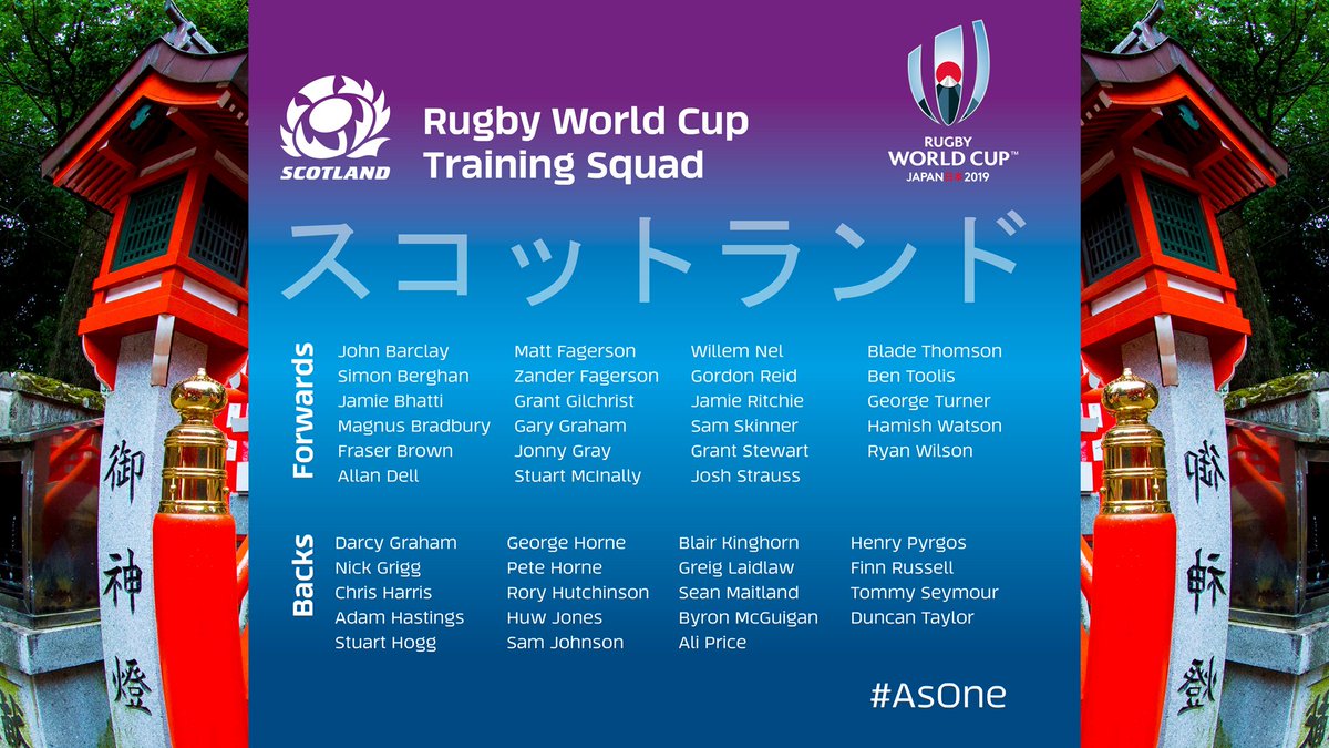 Scotlandteam's tweet photo. BREAKING | Scotland Head Coach Gregor Townsend has named a 42-man training squad in preparation for #RWC2019 in Japan.

A further two spaces in the squad remain unfulfilled with Townsend keeping the door open for those operating at the business end of the season. https://t.co/HpbNaYKAhZ