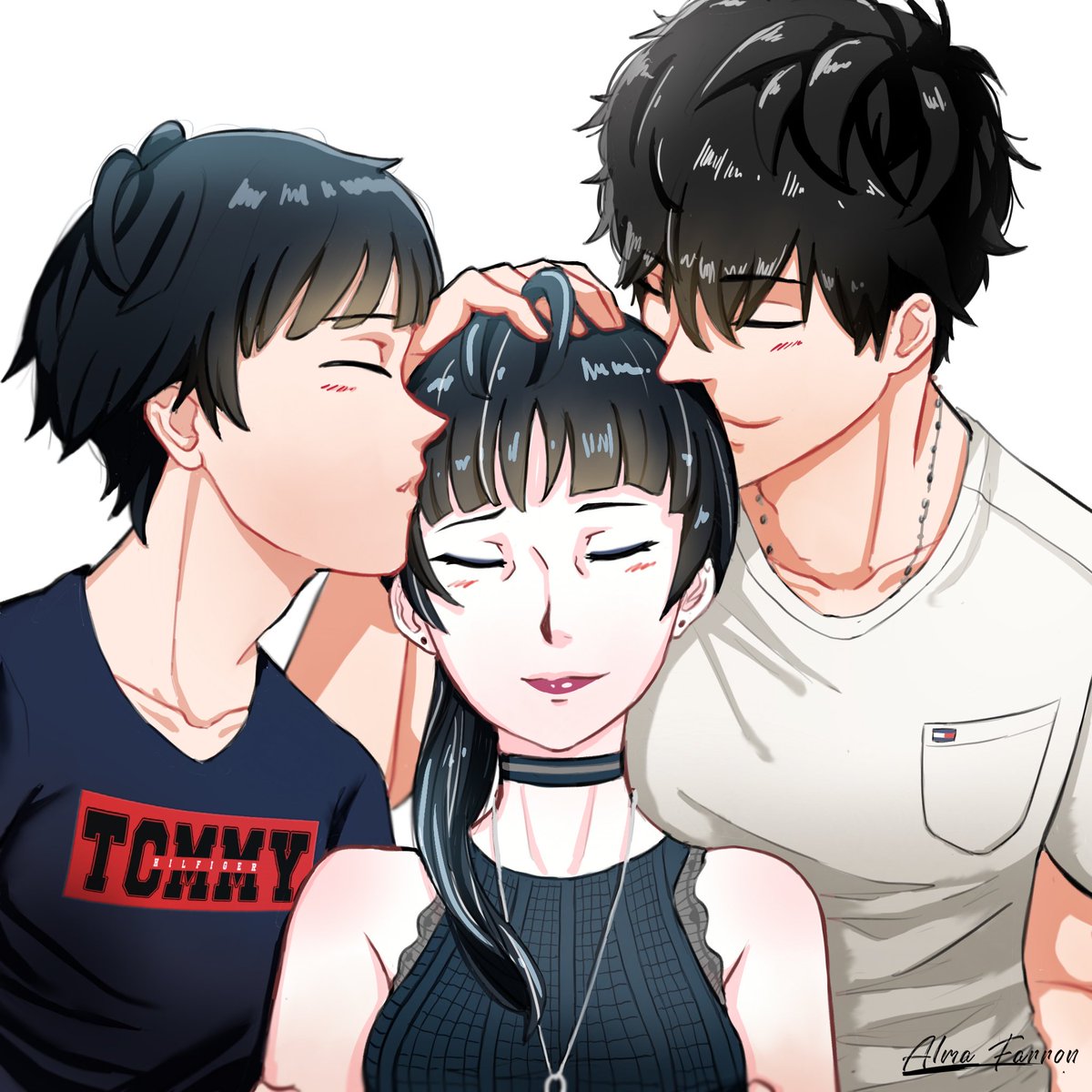AlmaFarron's tweet photo. As I promised, have some AkiTae’s child doodle! I imagine Daichi is definitely taking over his mom’s look, but he still inherits his dad’s height. His hairstyle may look like a typical nerd, but his personality is far from that thx to his parents lmao #AkiTae #persona5 https://t.co/gVCN1AhptX