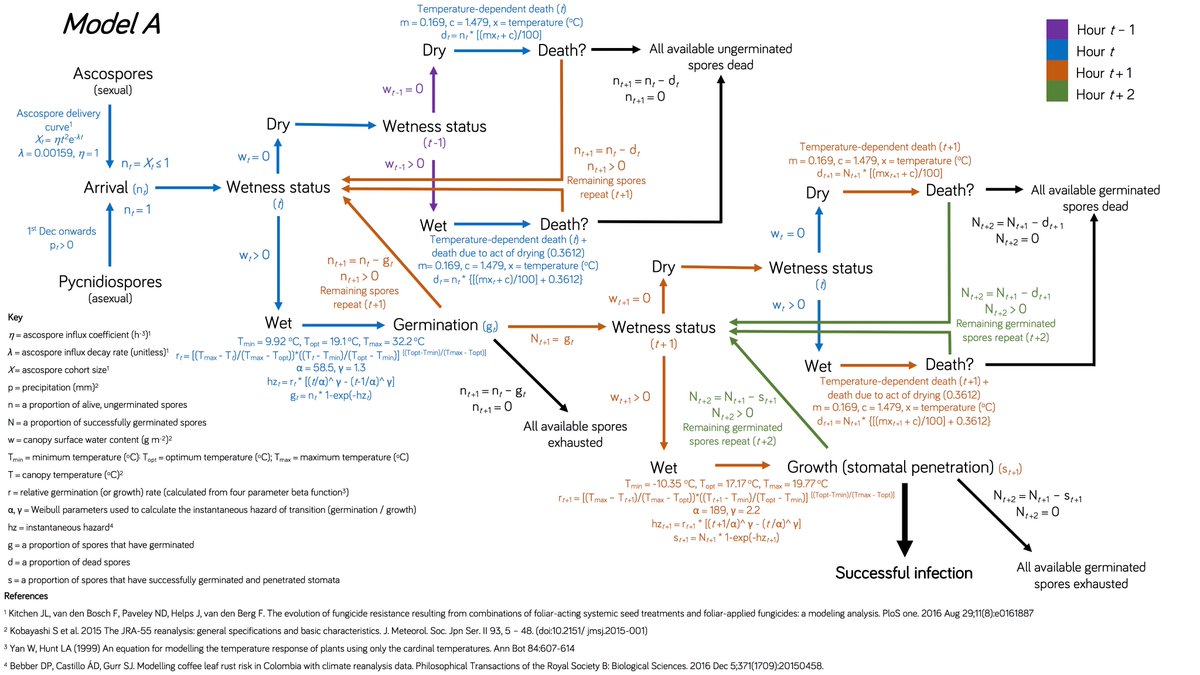 Initial concept, summarised model and full model details (model A) for our paper published yesterday on weather dependent #STB disease risk <a href="/quietscientist/">Helen Fones (Eyles) 🐀</a> <a href="/DanBebber/">Dandara Bebber</a> <a href="/GurrLabExeter/">Sarah Gurr Lab</a> #Zymoseptoria royalsocietypublishing.org/doi/10.1098/rs…