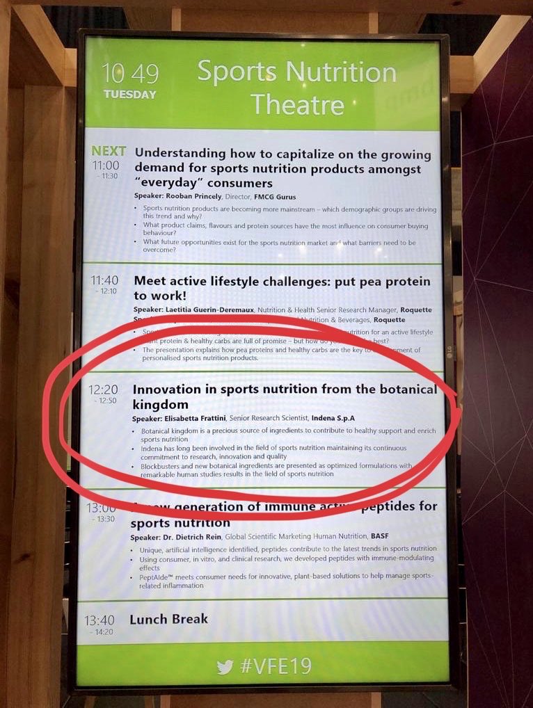 IndenaSpA's tweet photo. [12:20 Sports Nutrition Theatre] Join our Elisabetta Frattini for a thorough talk on #botanicals &amp; #sportsnutrition! We’ll go through #Meriva, #Casperome, #Quercefit, #Ubiqsome and others! #VFE19 https://t.co/QIfPPijYy2