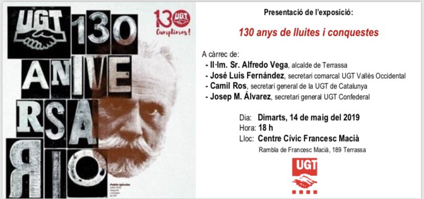 👋🏻Us convidem a la presentació de l’exposició ‘130 anys de lluites i conquestes’ ✊🏾📍Al centre cívic Francesc Macià de Terrassa, el proper 14 de maig 📅. #UGT #Cumplim130Anys #UGT130 #Cumplimos130Años