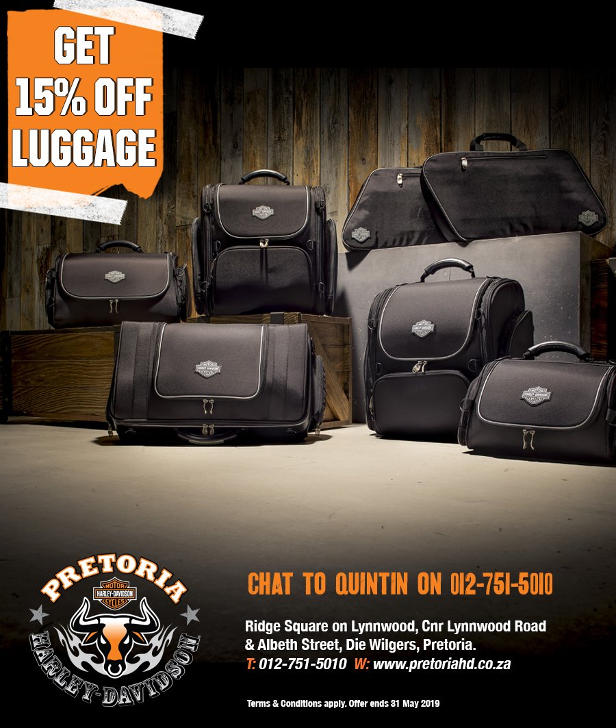 Get 15% OFF Luggage from Pretoria Harley in the month of May! Chat to Quintin on 012-751-5010 for more info! 
#luggage #pretoriaharley #ride #rally