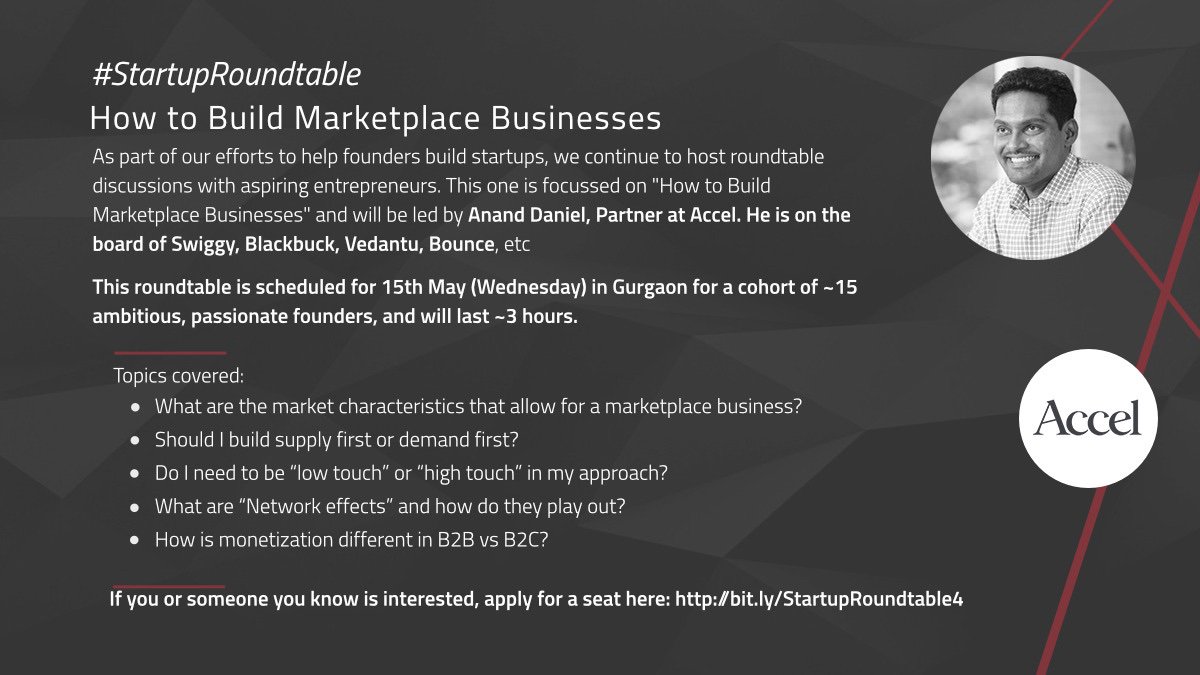 AccelIndia's tweet image. What are the market characteristics that allow for a marketplace business? 

Learn how to build a marketplace model with @_AnandDaniel at the #StartupRoundtable in #Gurgaon on 15th May. 

Please apply using this link --&amp;gt; bit.ly/StartupRoundta…