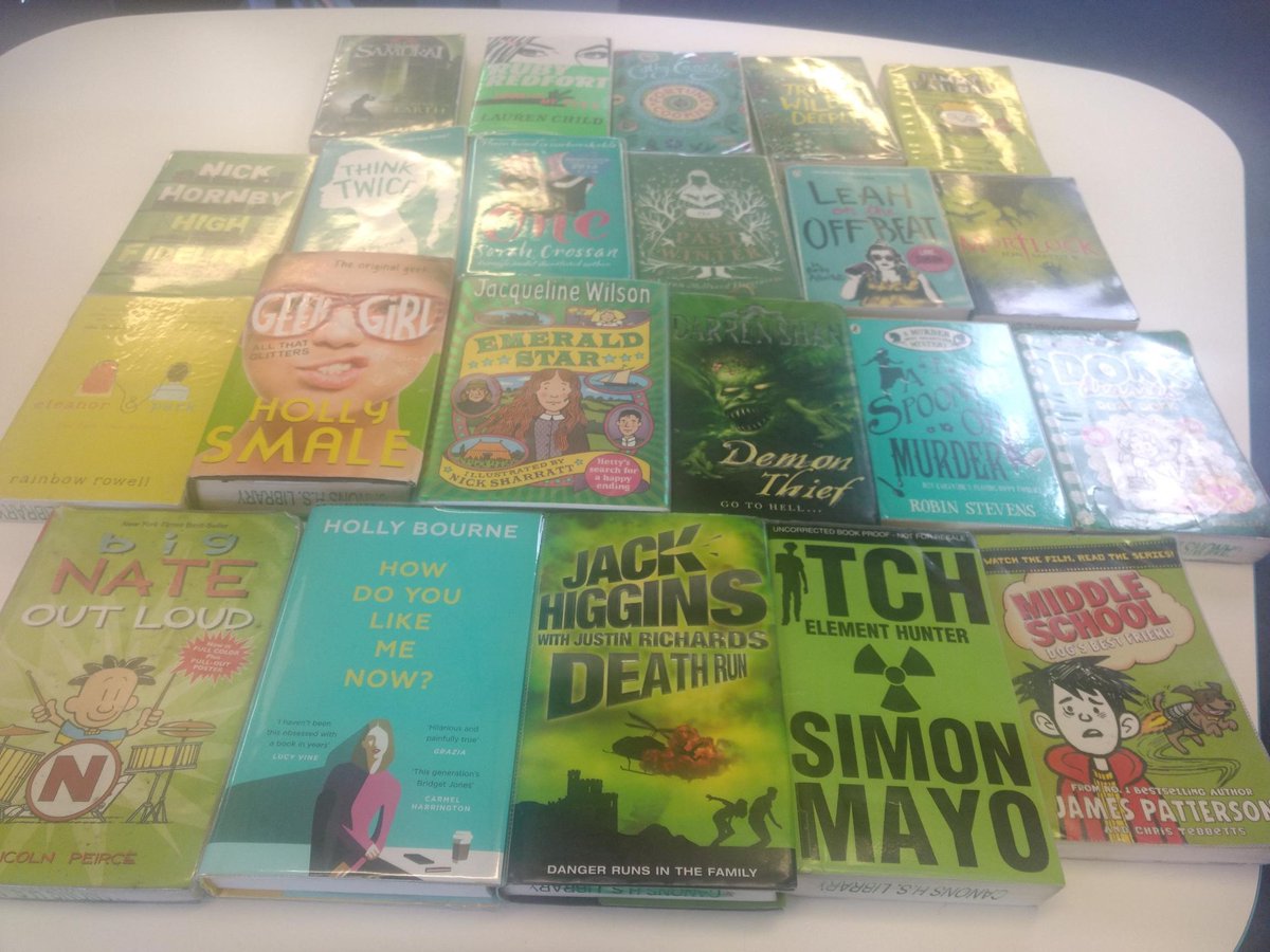 CanonsH_Library's tweet photo. Day 7 of the #slglibmaychallenge is green books! Here is a selection of our favourite library books that have covers in various shades of greens! Do you see something you like? Make sure you come to down to the Library to check out all our green books! #greenbooks #canonsreads https://t.co/vzRoNug6LE