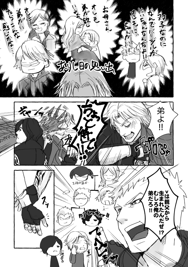 一人っ子と弟なので弟Vちゃんを取り合うダンテとネロがいたらかわいいなって・・・あと資料集で初期Vちゃんにネロの妹設定あってヴォオオオ!ってなりました。#DMC5 