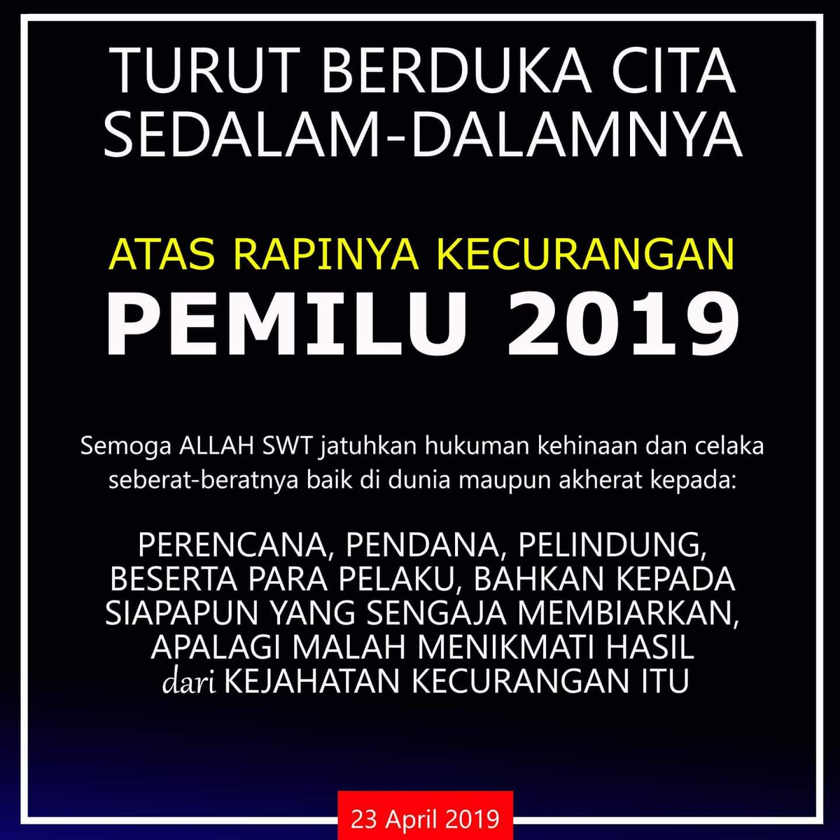 #AuditForensikKPU
#RakyatButuhTNI
#TNIpantauKPU
#PrabowoWinRealCount
#02WinTheElection
#INAelectionObserverSOS 
#IndonesiaCallsObserver 
#IndonesiaCallsCarterCenter
#PKSSaksiPrabowo
#SaveUAS
#KPUJanganCurang
#02WinTheElection