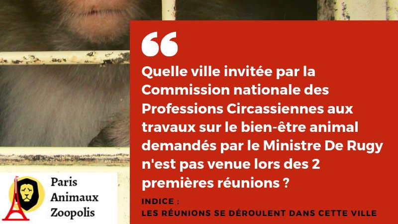 paz_zoopolis's tweet photo. QUIZZ
🐵Cirques avec animaux, asso dont PAZ et des villes participent à la #CNPCF
😵Etonnamment, les villes invitées partagent la même position: "les cirques animent les villes"
🤔On douterait presque que de + en + de Mairies s'y opposent publiquement
#CirqueSANSanimaux https://t.co/GDPvyHmqtG